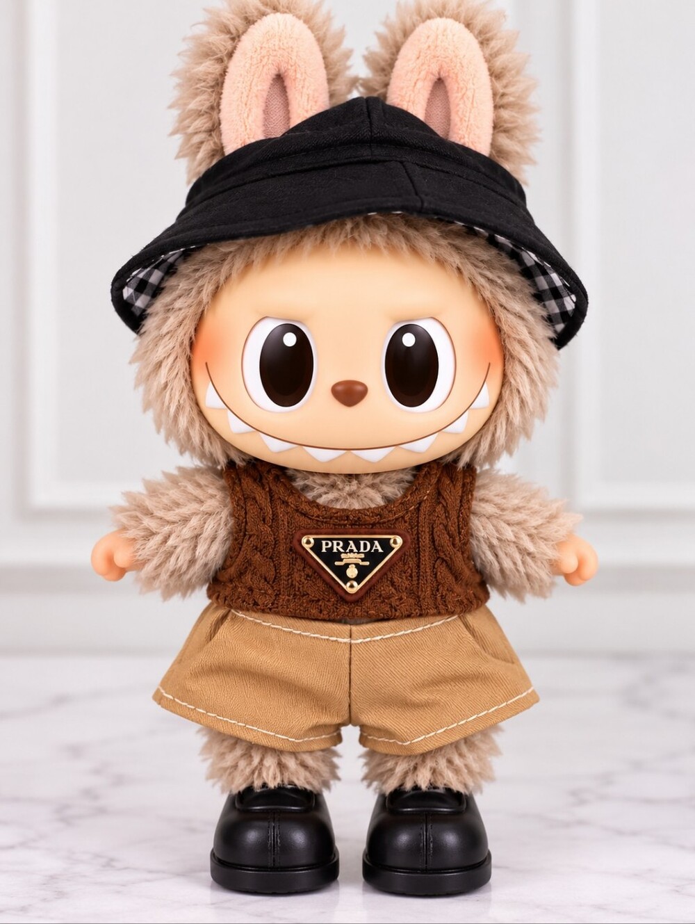 Labubu Doll Clothes Brown Top Beige Shorts Hat Black Shoes 4-Piece Outfit